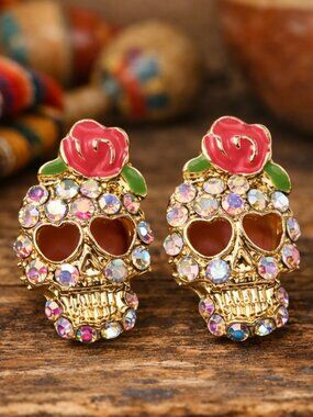 Fiesta Sugar Skull Rhinestone Colourful Earrings • NWT energy playful unique